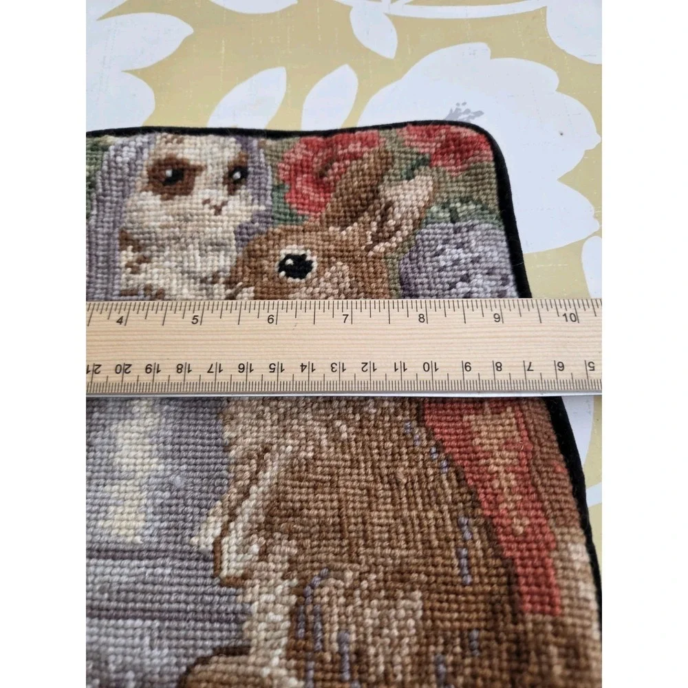 Vtg Hand Stitched Needlepoint Bunny Rabbit Watering Garden Accent Pillow 9.5